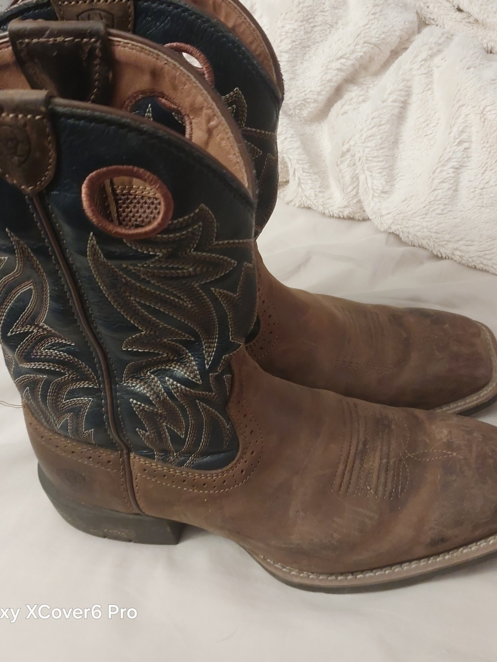 Brown Leather Cowboy Boots with Navy Shaft